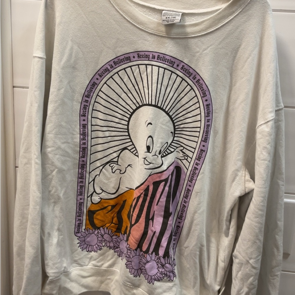 Crewneck Sweater with Graphic Scoop - White / Purple Accent